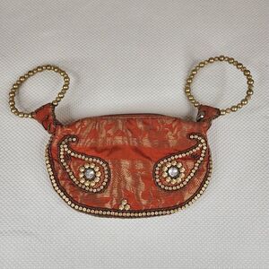 Fortune Cookie Purse Beaded Purse Zip Snap Closure Gold Orange Handmade
